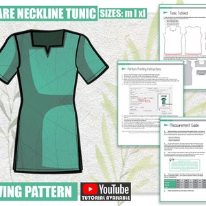 M L XL Square Neckline Tunic Sewing Pattern/Downloadable PDF and Tutorial Book