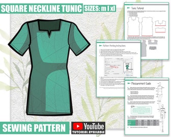 M L XL Square Neckline Tunic Sewing Pattern/Downloadable PDF and Tutorial Book