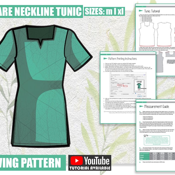 M L XL Square Neckline Tunic Sewing Pattern/Downloadable PDF and Tutorial Book