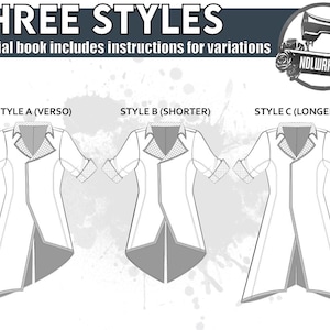 May include: An illustration showcasing three coat styles: A, B (shorter), and C (longer). The image includes the text "THREE STYLES" and "Tutorial book includes instructions for variations." Each coat design is white with gray accents and a patterned cuff. A logo with a sewing machine is in the upper right corner.