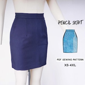 May include: A navy blue pencil skirt sewing pattern. The pattern is for sizes XS-4XL. The image shows a model wearing the skirt.