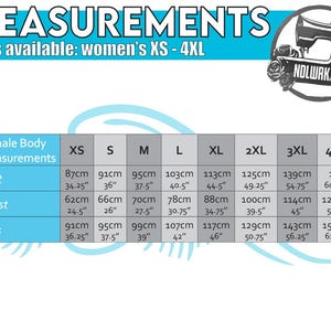 May include: A white and blue chart titled "MEASUREMENTS" with size information for women's XS to 4XL. The chart includes bust, waist, and hip measurements in both centimeters and inches.