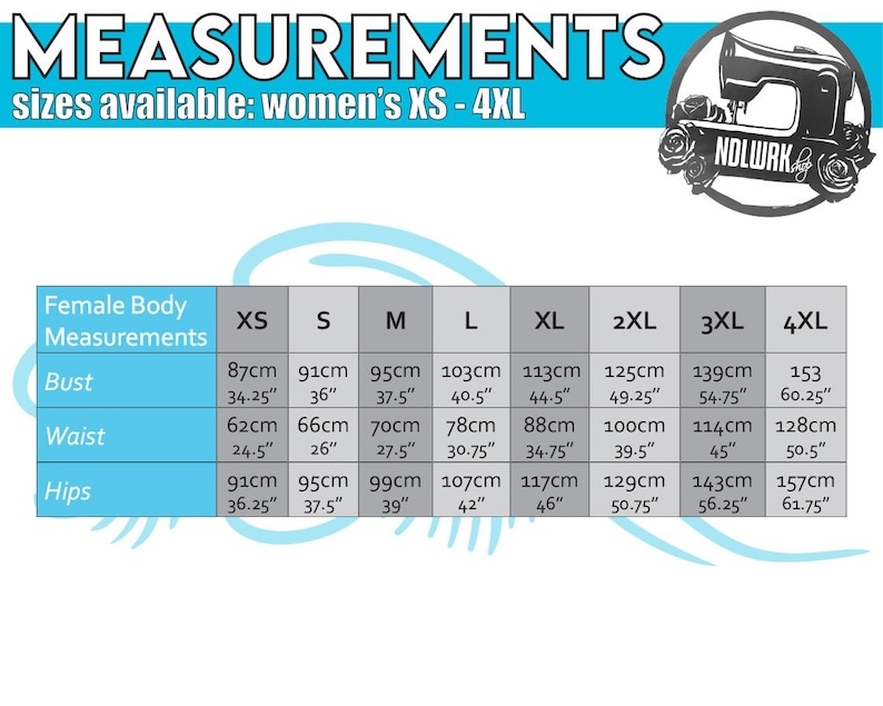 May include: A white and blue chart titled "MEASUREMENTS" with size information for women's XS to 4XL. The chart includes bust, waist, and hip measurements in both centimeters and inches.