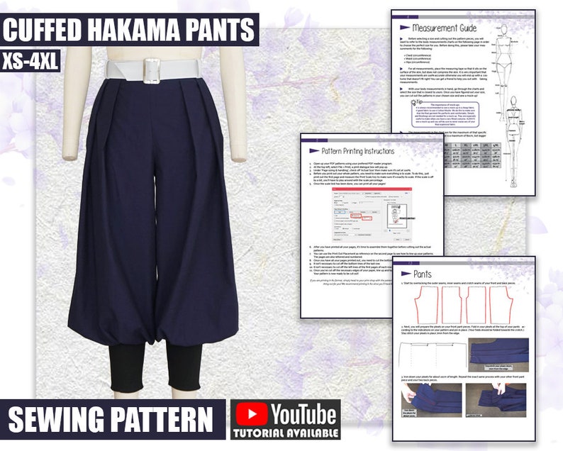 Patron de couture de pantalon hakama à revers/fichier PDF téléchargeable et livre d'instructions image 1