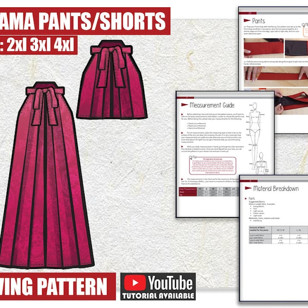 2XL 3XL 4XL Hakama Pants and Shorts Sewing Pattern/Downloadable PDF and Tutorial Book