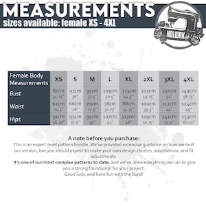 May include: A size chart for female body measurements, ranging from XS to 4XL. Measurements are provided in both centimeters and inches for bust, waist, and hips. The chart includes a note about the pattern bundle.