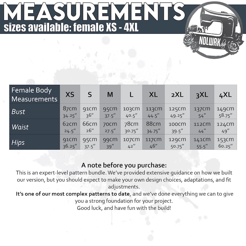 May include: A size chart for female body measurements, ranging from XS to 4XL. Measurements are provided in both centimeters and inches for bust, waist, and hips. The chart includes a note about the pattern bundle.