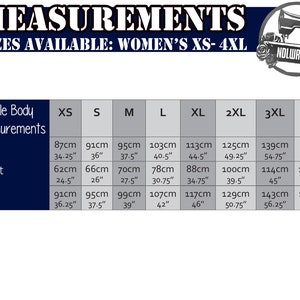 A chart showing a female measurement chart ranging from sizes extra small to 4 extra large
