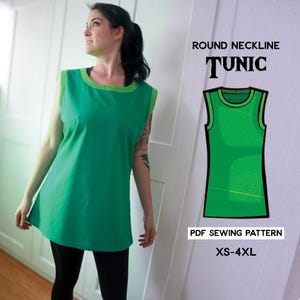 May include: A PDF sewing pattern for a round neckline tunic. The pattern is for sizes XS-4XL and features a green sleeveless tunic with a lime green trim.