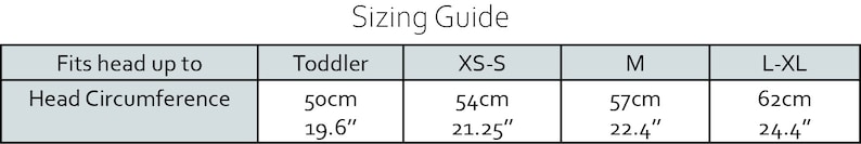 Sizing guide from XS to XL in 4 sizes. Toddler is 52 centimeters, extra small to small adult head is 54 centimeters, medium is 57 centimeters and large to extra large is 62 centimeters.