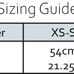 May include: Sizing guide for head circumference in inches and centimetres. The chart shows sizes for Toddler, XS-S, M, and L-XL.