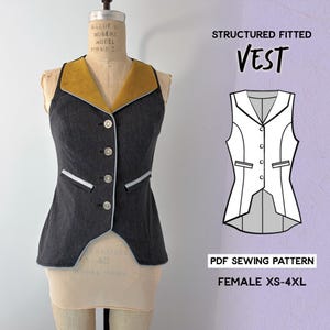 Puede incluir: Un chaleco estructurado y entallado en gris oscuro con cuello amarillo y ribete blanco, exhibido en un maniquí. El chaleco tiene cuatro botones y un diseño a medida. El texto en la imagen dice "STRUCTURED FITTED VEST" y "PDF SEWING PATTERN FEMALE XS-4XL."