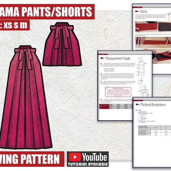 XS S M Hakama pantalons et shorts Patron de couture/PDF téléchargeable et livre d'instructions