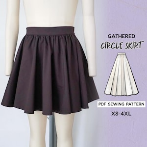 May include: A brown gathered circle skirt sewing pattern. The pattern includes sizes XS-4XL. Gathered Circle Skirt PDF Sewing Pattern XS-4XL.