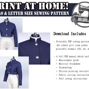 May include: Printable PDF sewing pattern for a school girl crop jacket. The pattern is available in three sizes: US Letter, A4, and A0. The download includes a full PDF manual with instructions for measurements, materials, terminology, printing, cutting, and sewing.
