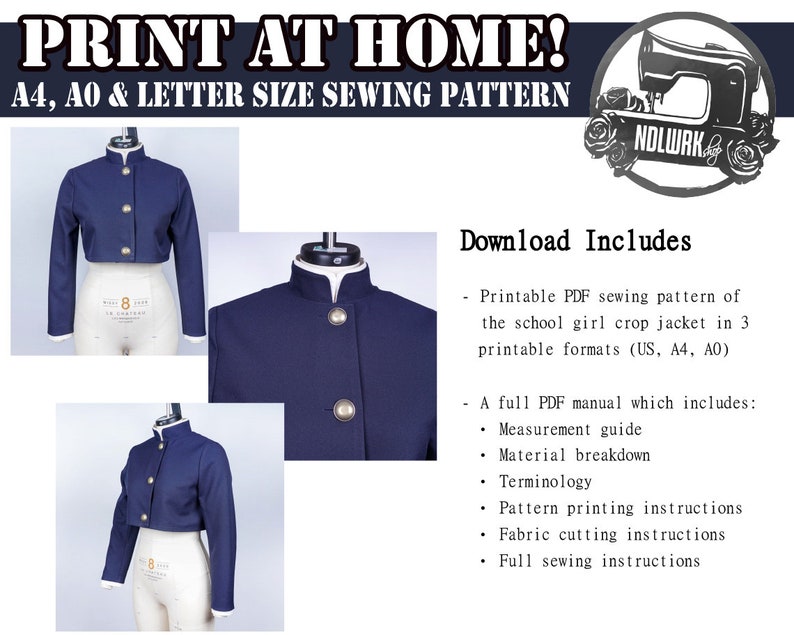 May include: Printable PDF sewing pattern for a school girl crop jacket. The pattern is available in three sizes: US Letter, A4, and A0. The download includes a full PDF manual with instructions for measurements, materials, terminology, printing, cutting, and sewing.