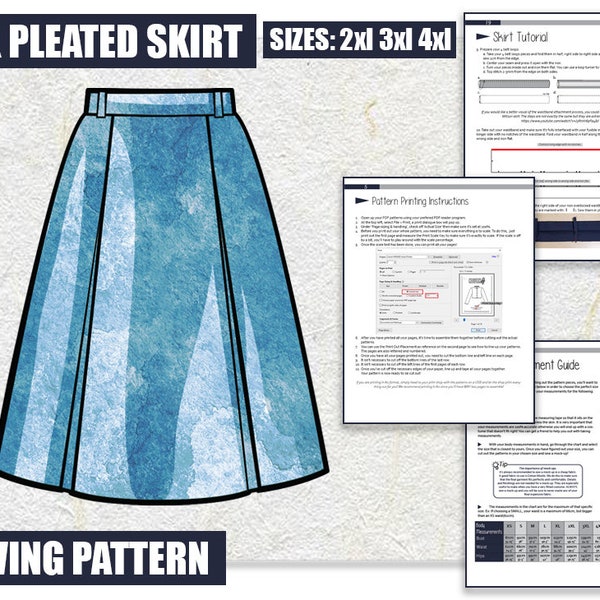 2XL 3XL 4XL Box Faltenrock Schnittmuster / Herunterladbare PDF-Datei und Anleitungsbuch