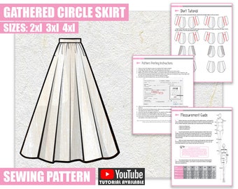 2XL 3XL 4XL Gathered Full Circle Skirt Sewing Pattern/Downloadable PDF File and Tutorial Book