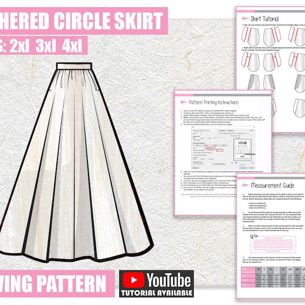 2XL 3XL 4XL Gathered Full Circle Skirt Sewing Pattern/Downloadable PDF File and Tutorial Book