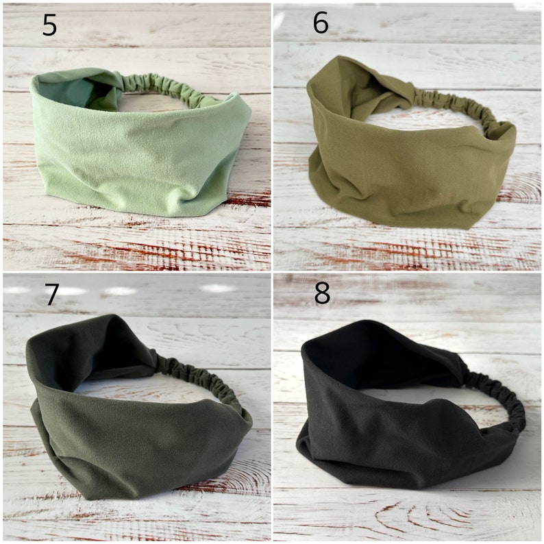 May include: Four fabric headbands with elastic back bands, labeled 5 through 8. Number 5 is light sage green, 6 is olive green, 7 is dark forest green, and 8 is solid black. Each headband features a wide, gathered front design.