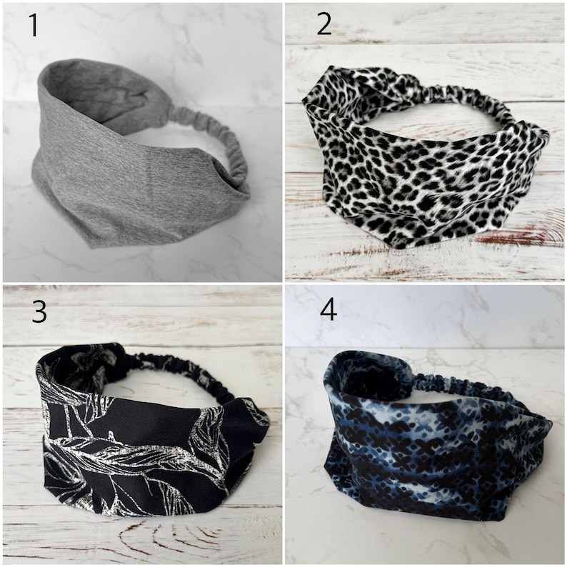 May include: A collection of four fabric headbands featuring an elastic back strap. One is solid heather gray, one has a black and white leopard print, one is black with a white leaf pattern, and one has a dark blue and black abstract geometric print.