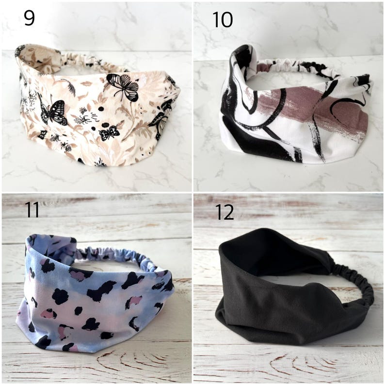 May include: Four headbands labeled 9 through 12. Number 9 is cream with black butterflies. Number 10 features black and mauve abstract brushstrokes on white. Number 11 has a blue, pink, and black animal print. Number 12 is a solid black headband.