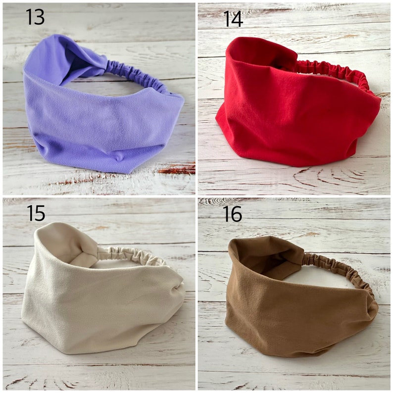 May include: A collection of four wide fabric headbands featuring a gathered elastic back strap for a secure fit. The set includes one lavender, one red, one cream, and one tan headband, each labeled with a number from thirteen to sixteen.