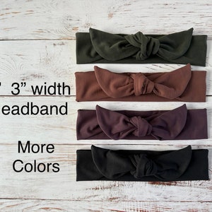 Self Tie Headband. Stretch Tie Headband. Dolly Bow Headband. Soft Tie Knot Headband. Top Knot Headband. 2" and 3" width. Solid Colors.