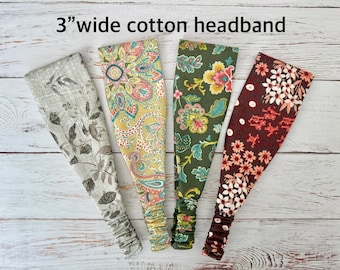 Wide Cotton Headband: Floral Print, Elastic Back, 3 Inch