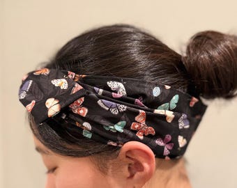 Wide Cotton Headband with Ribbon Ties: Bandana Headband.  Boho Hair Wrap, Handmade in USA.