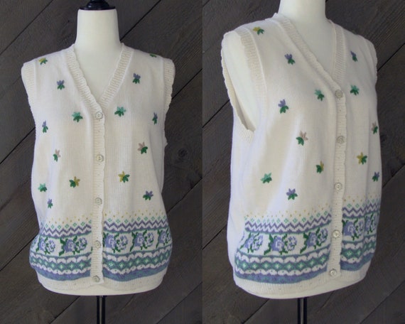 90s Embroidered Sweater Vest, White Floral Fair Is