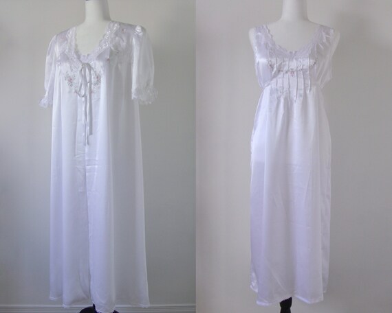 90s Satin Peignoir Set, White Floral & Lace Embroi