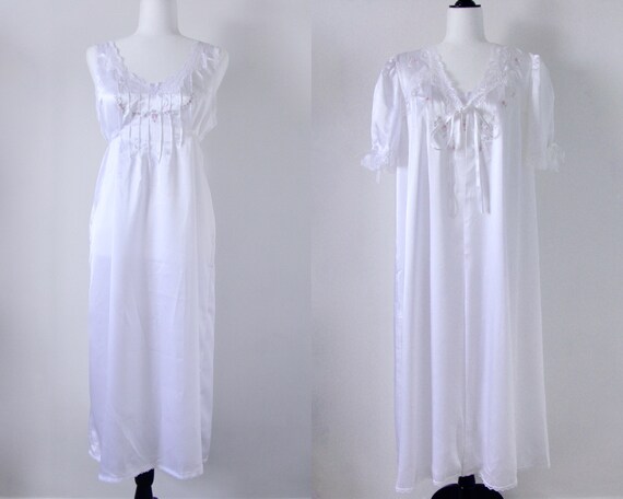 90s Satin Peignoir Set, White Floral & Lace Embroi