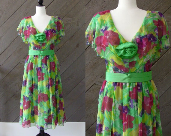 Vintage 80s Green Floral Chiffon Flutter Party Dre