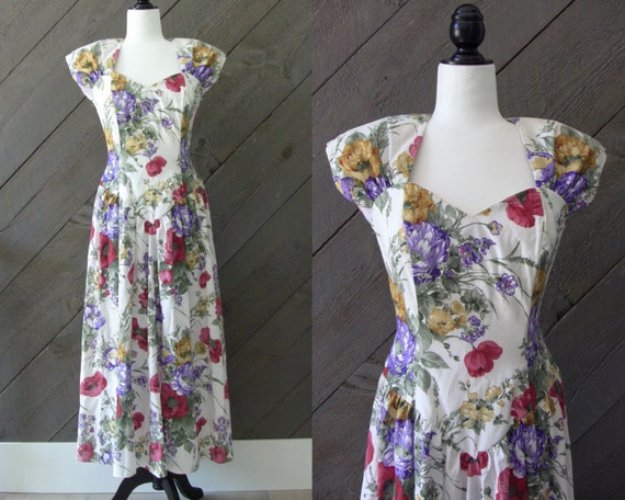 Vintage 80s Floral Long Summer Dress S