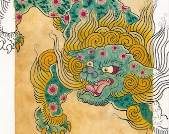 Fine Art Print (10x20”) - Fu Dog Guardian Lion Tattoo Watercolor Painting | Japanese Irezumi Inspired