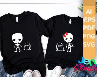 May include: Two black t-shirts featuring a skeleton couple graphic. The shirts have the text "For" and "Ever" on the tombstones.