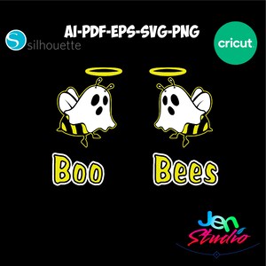 May include: Two yellow and black bees with white ghost costumes and halos. The text "Boo Bees" is written below the bees.