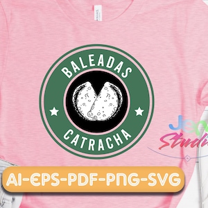 May include: A green and white circular design with the text "Baleadas Catracha" and a black and white illustration of a folded tortilla. The design is on a pink t-shirt.