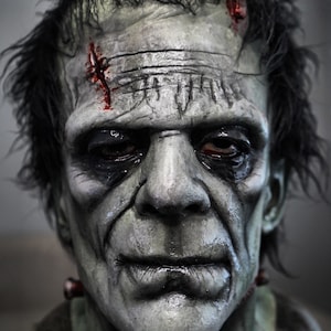 May include: A close-up of a Frankenstein monster mask, painted in grey and green tones. The mask features visible stitches, scars, and dark eye sockets, with black, messy hair. The overall effect is a realistic, horror-themed prop, suitable for Halloween.