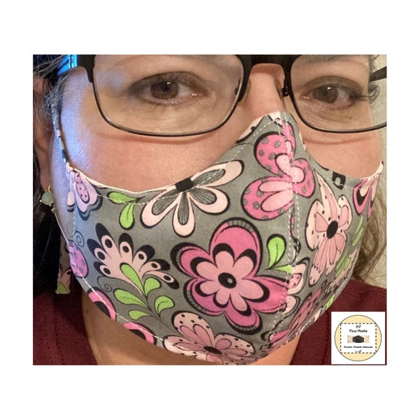 Eyeglass wearers face mask (4EW) with ear and nose adjusters, 100% cotton fabric, made to order.