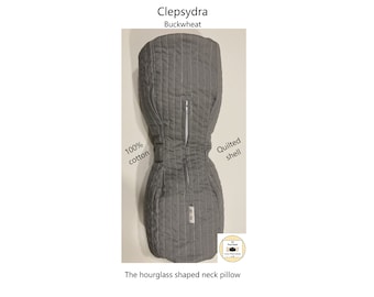 Hourglass shaped buckwheat neck pillow, cotton batting, with zipper, washable shell, insert included, for meditation or travel.  Clepsydra.