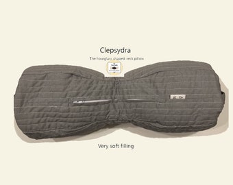 Neck pillow, hourglass shaped, quilted, very soft filling, with zipper, great for travel, insert included, made to order.  Clepsydra soft.