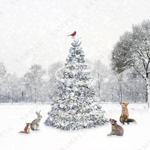 Animaux de la forêt, arbre de Noël, carte de Noël, scène de vacances, forêt enneigée, renard dans la neige, raton laveur, écureuil, lapin, téléchargement numérique