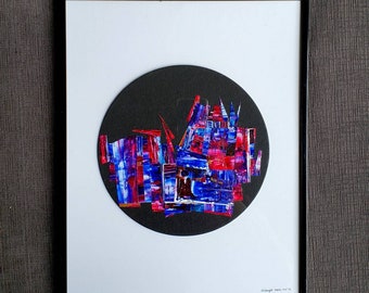 Abstract acrylic painting collage on yupo and canvas, framed