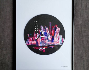 Abstract acrylic painting collage on yupo and canvas, framed