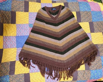 Alpaca Link/ Acrylic, Green, Brown And Tan Striped Poncho made in Perú