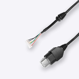 May include: A black cable with a white connector at one end and a black connector at the other. The cable contains five wires, which are red, green, yellow, blue, and white.