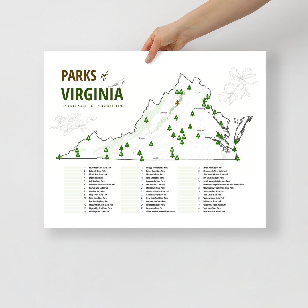 Unframed Virginia Parks Checklist Map Virginia State Parks Etsy