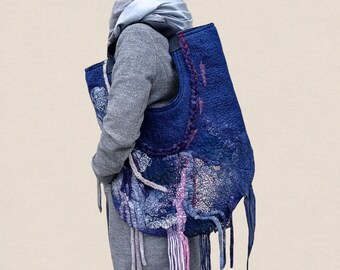 Handmade woolen handbag, Blue woolen tote bag, Woolen shoulder bag, Wet felted bag, Woolen bag, Mom day gift idea, Gift idea for grandmother